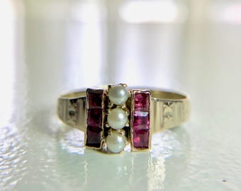Yellow Gold Ruby and Pearl Antique Ring, Victorian Ring, Vintage Ruby Ring, July Birthstone Ring, Ruby and Pearl Ring