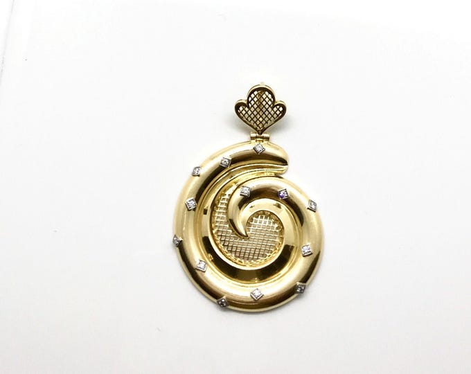 Yellow Gold and Diamond Spiral Design Pendant, Vintage Gold and Diamond Pendant, Vintage Pendant, Hallmarked Diamond Pendant