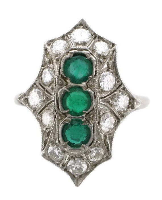 Antique Platinum Emerald and Diamond Ring, Emeral… - image 3