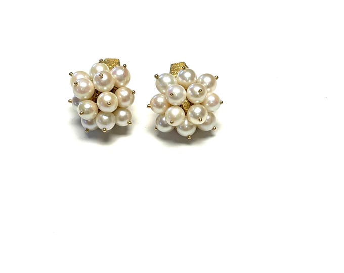 Vintage Yellow Gold Cultured Pearl Clip-On Earrings, Cultured Pearl Earrings, Clip-On Earrings, Yellow Gold Pearl Earrings, Pearl Earrings