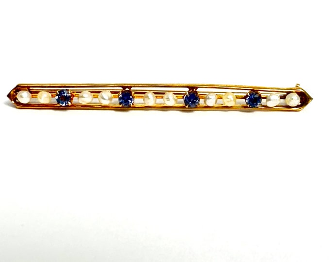 Vintage Blue Sapphire and Pearl Bar Pin, Pearl and Sapphire Brooch