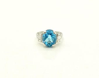 Vintage 10k White Gold Blue Topaz Ring with CZ Accents