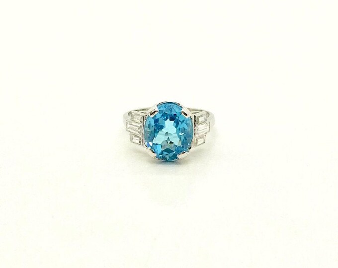White Gold Blue Topaz and Cubic Zirconia Ring, Vintage Blue Topaz Ring, December Birthstone Ring, Vintage Birthstone Ring, Blue Topaz and CZ