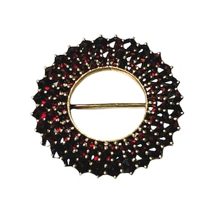 Vintage Bohemian Garnet Circle Brooch - Gold Tone