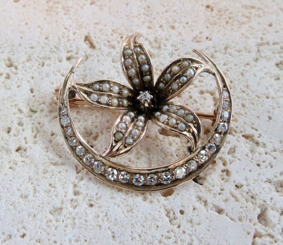 Antique Crescent and Star Pin, Antique Pin, Diamo… - image 3
