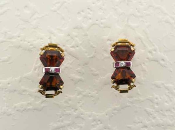 Yellow Gold Art Deco Citrine and Ruby Screw Back … - image 1