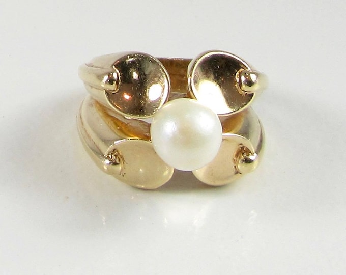 14 Karat Yellow Gold Vintage Pearl Ring, Statement Pearl Ring, June Birthstone Ring, Cultured Pearl Ring