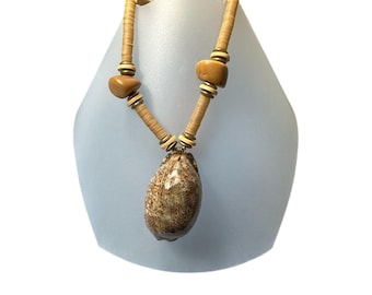 Vintage Shell and Wood Necklace - Signed Miriam Haskell - Boho Jewelry