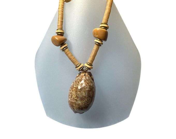 Vintage Shell and Wood Necklace - Signed Miriam Haskell - Boho Jewelry
