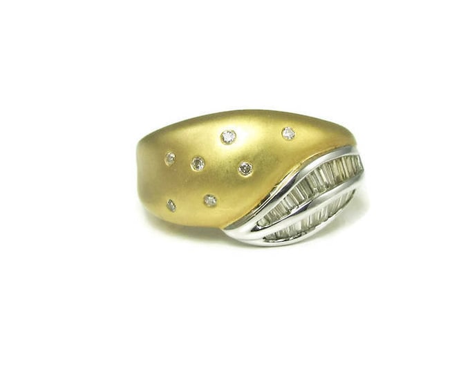 White and Yellow Gold Diamond Band Ring; Alternative Wedding Band Ring; Satin Finish Band Ring with Diamonds; Two Tone Diamond Ring