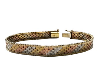 14 Karat Tri Colored Gold Mesh Link Bracelet, Multi Colored Gold Braided Bracelet