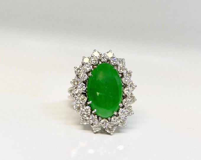 Vintage White Gold Diamond and Jade Cocktail Ring, Vintage Jade and Diamond Ring, Diamond and Jade Ring, Jade Dinner Ring