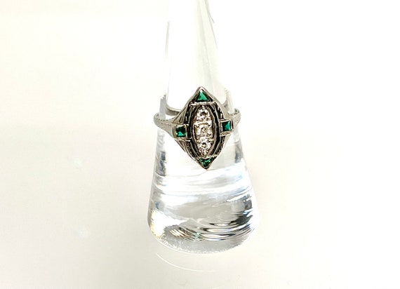 Edwardian 18K White Gold Diamond & Lab Emerald Fi… - image 4