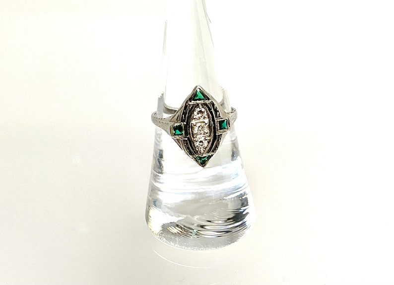 Diamond and Laboratory Grown Emerald Filigree Ring, Antique Diamond and Emerald Ring, 18 Karat White Gold Edwardian Diamond Ring image 4