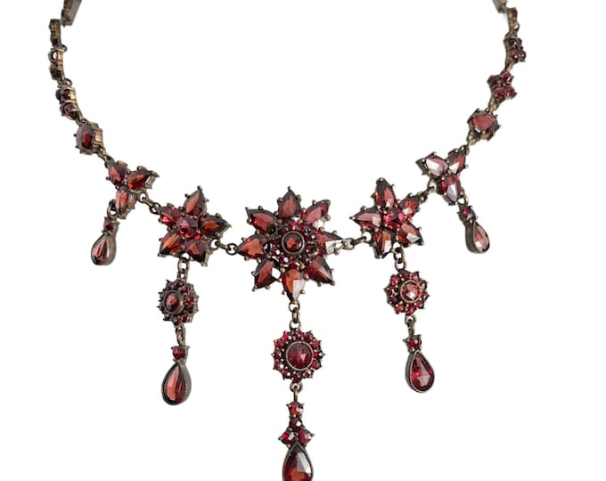 Bohemian Garnet Necklace, Antique Garnet Necklace with Garnet Drops, Vintage Garnet Necklace, Victorian Garnet Necklace