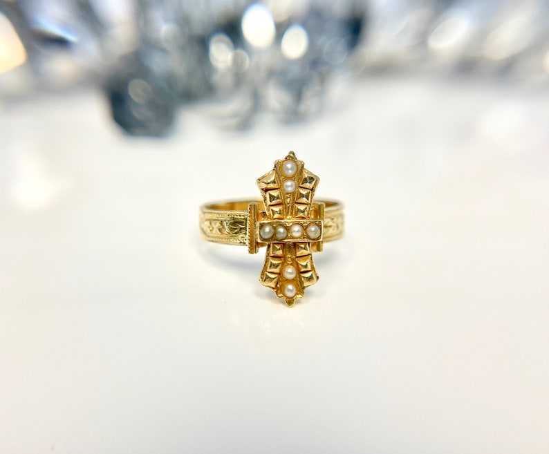 Yellow Gold Seed Pearl Ring, Victorian Style Ring, Victorian Pearl Ring, Victorian Style June Birthstone Ring image 5