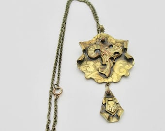 Vintage Brass Elk Necklace: Art Deco Greek Revival Pendant
