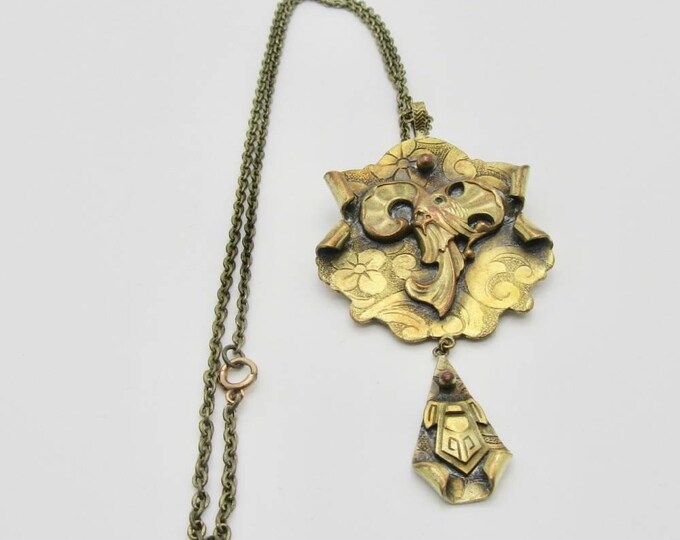 Brass Necklace, Pin and Necklace, Elk or Ram Necklace, Art Deco Style Necklace, Greek Revival Jewelry, Elk Necklace, Animal Necklace