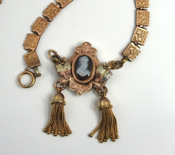 Gold Filled Cameo Book Chain Necklace with Tassel… - image 3