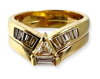 Vintage Yellow Gold Trilliant Cut Diamond Wedding Set - Elegant Diamond Engagement and Wedding Ring
