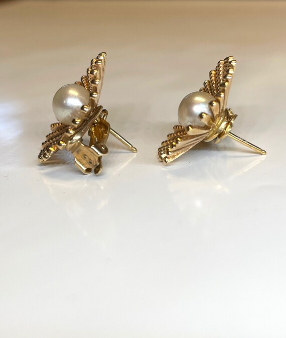 Vintage Pierced Pearl Earrings, Gold Sunburst Pea… - image 5