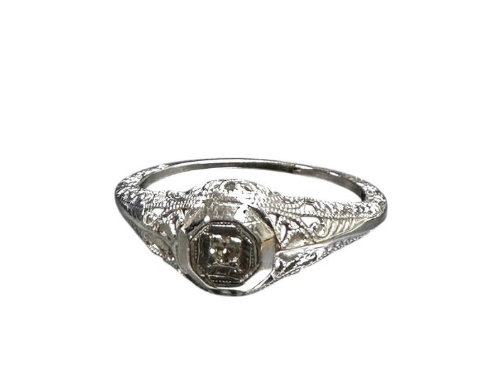 Edwardian Filigree Diamond Ring in 14K White Gold - Elegant Vintage Style