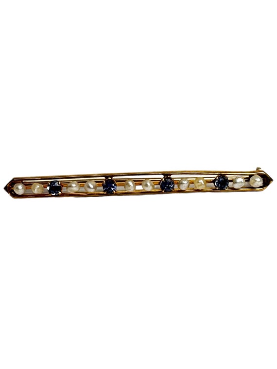 Vintage Blue Sapphire and Pearl Bar Pin, Pearl an… - image 3