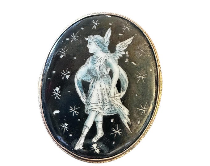 Vintage Angel Brooch – Black Enamel with Painted Angel & Stars, Gold Tone Braided Frame