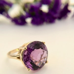 Yellow Gold Amethyst Ring, Vintage Amethyst Ring, Checkerboard Faceted Amethyst, Amethyst Solitaire image 6