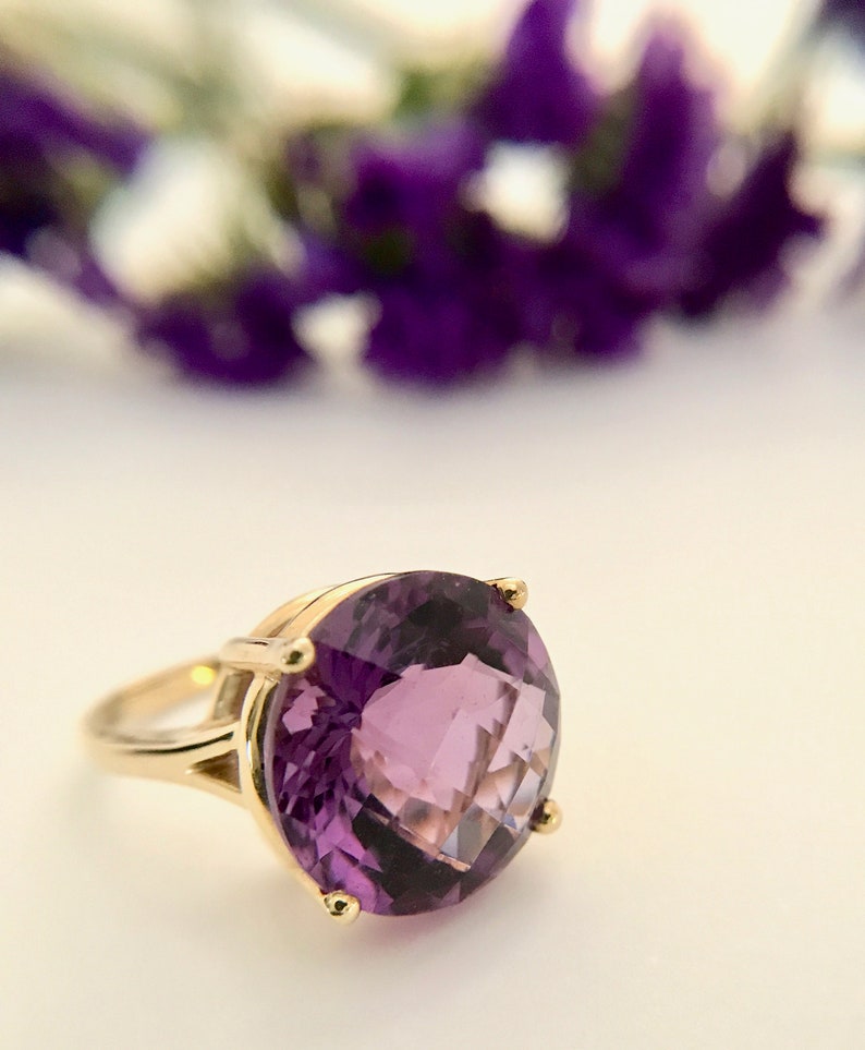 Yellow Gold Amethyst Ring, Vintage Amethyst Ring, Checkerboard Faceted Amethyst, Amethyst Solitaire image 6