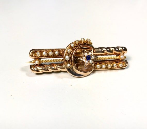 Yellow Gold Crescent Moon and Star Pin, Victorian… - image 1