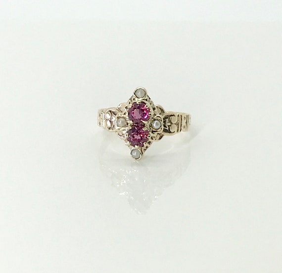 Yellow Gold Victorian Garnet and Pearl Ring, Janua