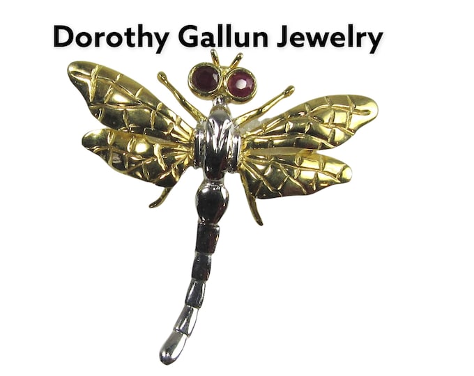 Dragonfly Brooch, Vintage Dragonfly Pin, Yellow and White Gold Dragonfly with Ruby Eyes