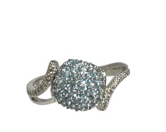 14 Karat White Gold Blue Topaz Cluster Ring with Diamonds, Vintage Blue Topaz Ring