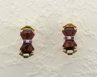 14 Kart Yellow Gold Art Deco Citrine and Ruby Screw Back Earrings, Art Deco Earrings, Yellow Gold Art Deco Earrings