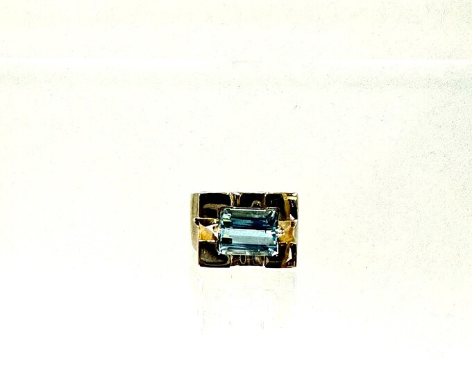 Vintage Inspired Blue Topaz Ring - 14 Karat Yellow Gold Setting with Exquisite Emerald Cut Gemstone