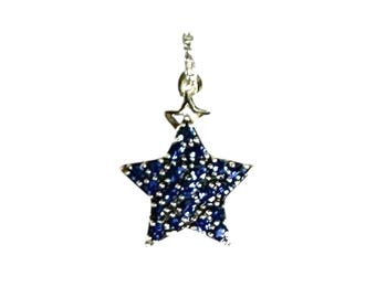 Vintage 10K White Gold Star Pendant: Blue & White Cubic Zirconia