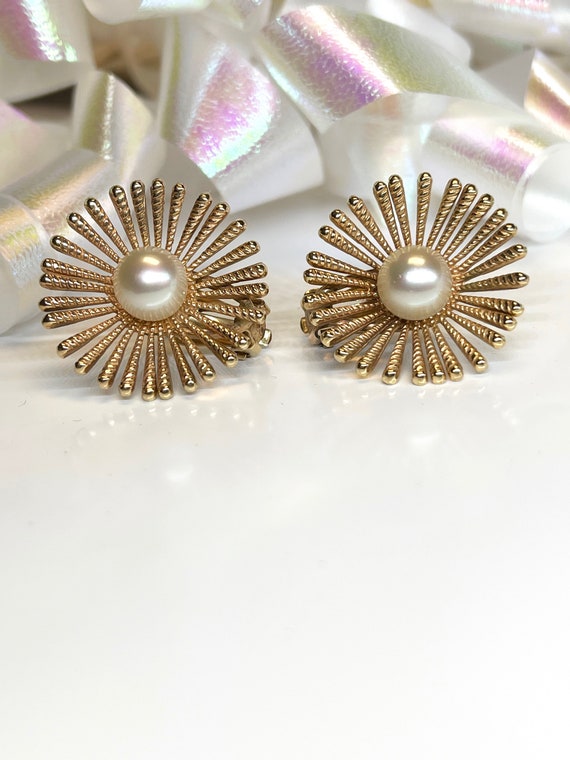 Vintage Pierced Pearl Earrings, Gold Sunburst Pea… - image 7