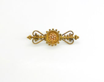 Yellow Gold Coral & Seed Pearl Bar Pin - 15 CT Victorian Brooch