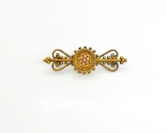 Yellow Gold Coral and Seed Pearl Bar Pin, Gold Victorian Bar Pin, Antique Bar Pin, Coral Brooch