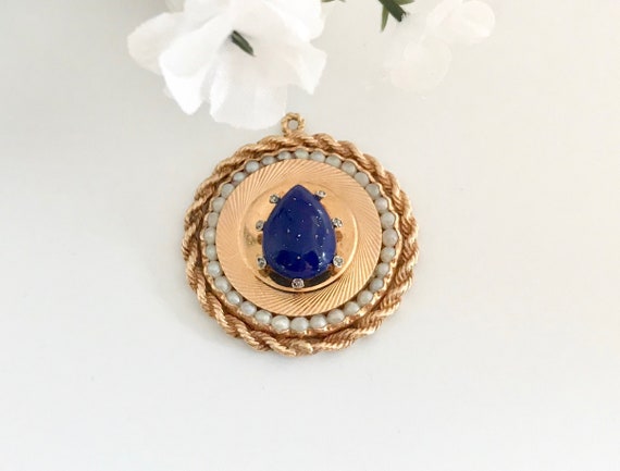 Large Yellow Gold Pear Shaped Lapis Lazuli Pearl … - image 3