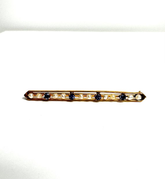 Vintage Blue Sapphire and Pearl Bar Pin, Pearl an… - image 2