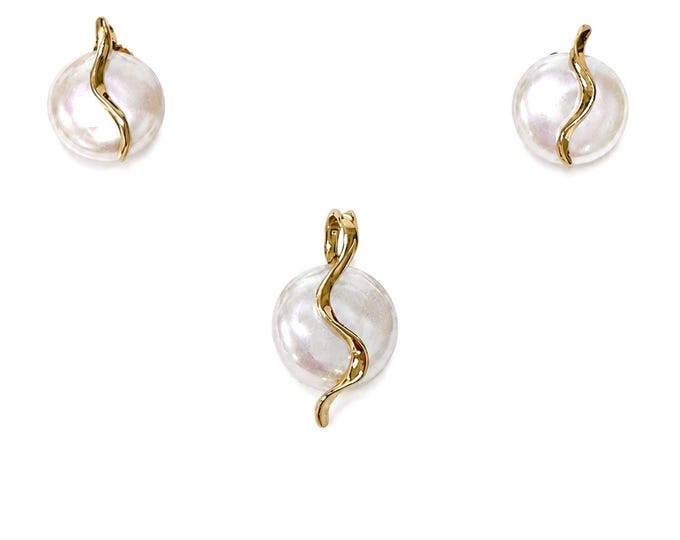 14K Gold Coin Pearl Earrings and Pendant Set, Freshwater Pearls