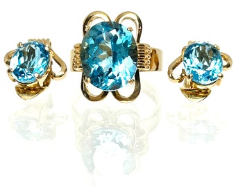 Yellow Gold Blue Topaz Ring and Earring Set, Matching Blue Topaz Earrings and Ring, Blue Topaz Clip On Earrings