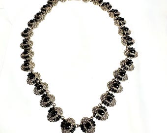 Vintage Sterling Silver Black Onyx Marcasite Link Necklace