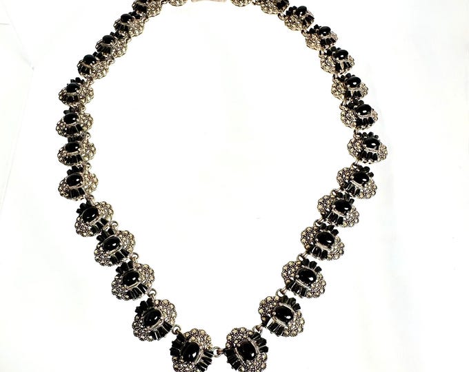 Vintage Sterling Silver Black Onyx and Marcasite Necklace, Sterling Silver Marcasite Link Necklace