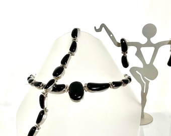 Sterling Silver Black Onyx Bracelet, Necklace and Earring Set, Sterling and Black Onyx Parure, Suite of Black Onyx Jewelry, Hallmarked