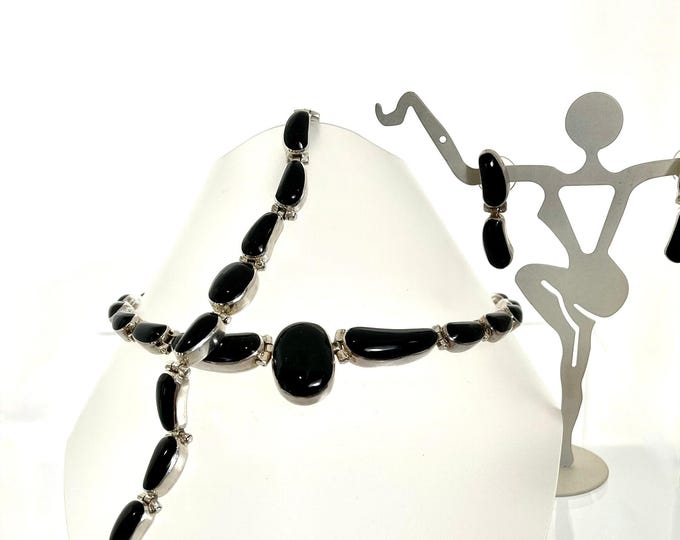 Sterling Silver Black Onyx Bracelet, Necklace and Earring Set, Sterling and Black Onyx Parure, Suite of Black Onyx Jewelry, Hallmarked