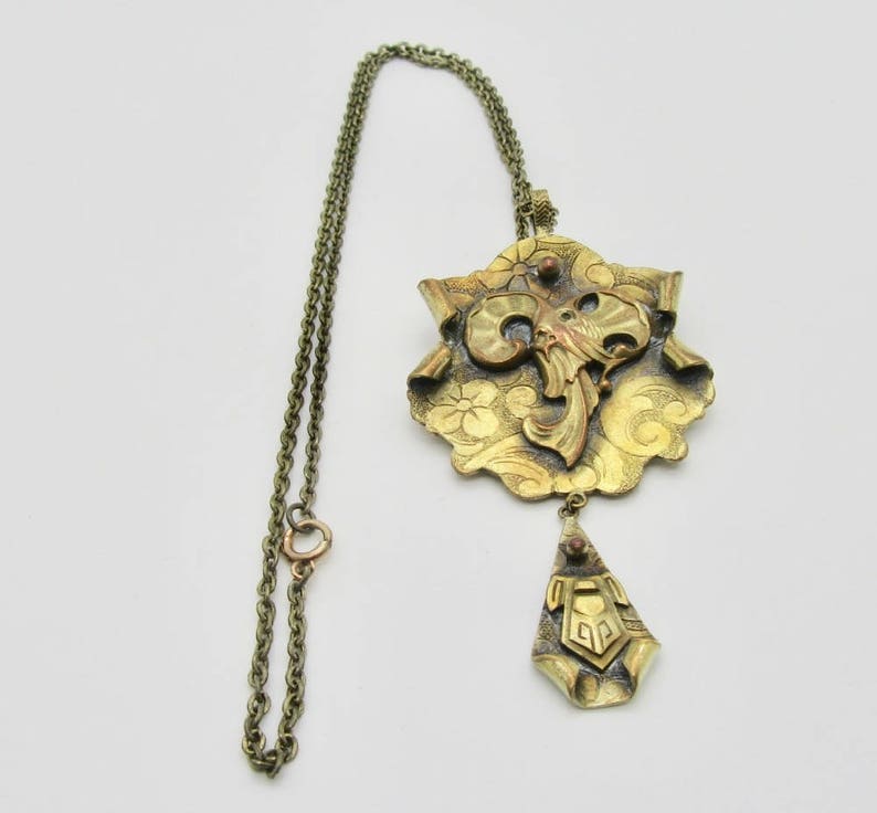 Art Deco Style Necklace Greek Revival Jewelry Animal Necklace Elk Necklace Brass Necklace Pin and Necklace Elk or Ram Necklace
