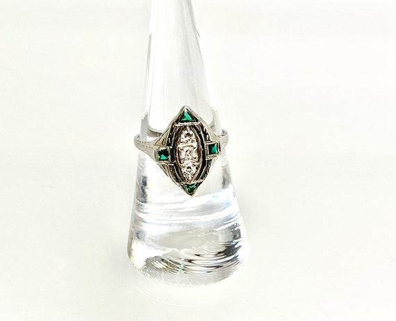 Edwardian 18K White Gold Diamond & Lab Emerald Fi… - image 5